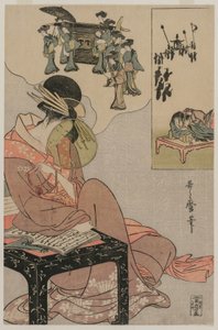 Kurtyzana śniąca o procesji weselnej, koniec lat 90. XVII wieku (kolorowy drzeworyt) autorstwa Kitagawa Utamaro