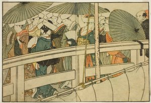 Przekraczając most latem, z ilustrowanej książki „Obrazek: Kwiaty czterech pór roku (Ehon shiki no hana),” tom. 1 autorstwa Kitagawa Utamaro