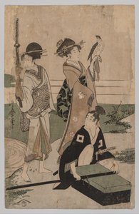 Daimyō i jego orszak przekraczający strumień na równinie niedaleko Fuji autorstwa Kitagawa Utamaro
