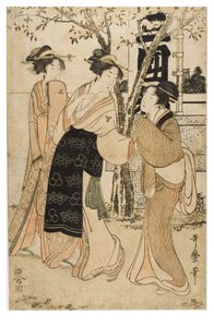 Wystawa skarbów w świątyni Mimeguri autorstwa Kitagawa Utamaro