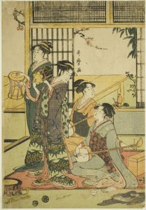 Drums and Shamisen (kolorowy drzeworyt; aiban) autorstwa Kitagawa Utamaro