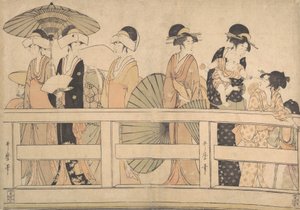 Ciesz się chłodną wieczorną bryzą na… moście, ok. godz. 1800. autorstwa Kitagawa Utamaro