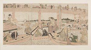 Łodzie rybackie z sieciami pod mostem Ry?goku (kolorowy drzeworyt) autorstwa Kitagawa Utamaro