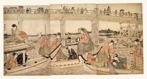 Łodzie rybackie z sieciami pod mostem Ryōgoku autorstwa Kitagawa Utamaro