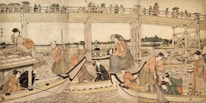 Łodzie rybackie z sieciami pod mostem Ryogoku, lata 90. XVIII wieku. autorstwa Kitagawa Utamaro