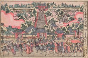 Pływający obraz frontu świątyni Shiba Atago autorstwa Kitagawa Utamaro