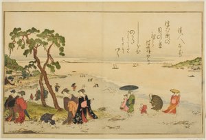 Zbieranie muszli podczas odpływu, z ilustrowanej książki „Prezenty z odpływu (Shiohi no tsuto)” autorstwa Kitagawa Utamaro