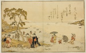 Zbieranie muszli podczas odpływu, z ilustrowanej książki „Prezenty z odpływu (Shiohi no tsuto)” autorstwa Kitagawa Utamaro