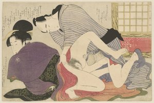 Gejsza i kochanka w wolnostojącym parawanu Negai no itoguchi (tytuł serii) autorstwa Kitagawa Utamaro