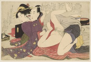 Gejsza w kimonie z długim rękawem i jej ukochany Negai no itoguchi (tytuł serii) autorstwa Kitagawa Utamaro