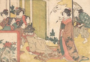 Dziewczyny zabawiane przez performerów, z ilustrowanej książki Kwiaty czterech pór roku, 1801. autorstwa Kitagawa Utamaro