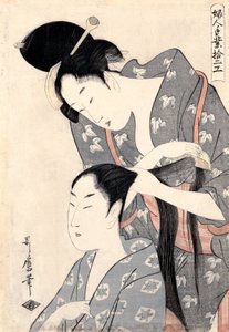 Fryzjer (Kamiyui) z serii „Dwanaście rodzajów rękodzieła damskiego (Fujin tewaza juniko)” autorstwa Kitagawa Utamaro