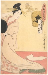 „Hanazuma z Hyōgoya, Kenbishi z Sakagami” z serii „Równi sake porównani z wybranymi mieszkańcami sześciu domów” (Natori zake rokkasen: Hyōgoya Hanazuma, Sakagami no Kenbishi) autorstwa Kitagawa Utamaro