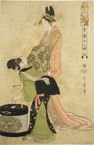Godzina koguta (Tori no koku), z serii „Dwanaście godzin w Yoshiwara (Seiro juni toki tsuzuki)” autorstwa Kitagawa Utamaro