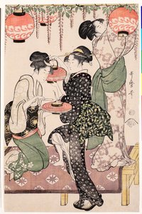 Młode dziewczyny z japońskiej herbaciarni wiszące lampiony z espaliera z wisterii - Grafika Kitagawa Utamaro (1753-1806), ok. 1795, linoryt - Herbaciarnie dziewczęta pod espalierem wisterii - Kolorowy linoryt autorstwa Kitagawy Utamaro (1753-1806) , ca1 autorstwa Kitagawa Utamaro