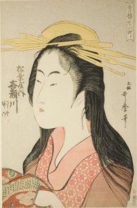 Kisegawa z Matsubaya, [którego opiekunami są] Sasano, Takeno (Matsubaya uchi Kisegawa, Sasano, Takeno), z serii „Seven Komachi of Yoshiwara” („Seiro nana Komachi”) autorstwa Kitagawa Utamaro
