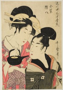 Komurasaki i Gonpachi, z serii "Modne wzory w stylu Utamaro (Ryuko moyo Utamaro-gata)", ok. 1798-99 (kolorowy drzeworyt; Oban) autorstwa Kitagawa Utamaro