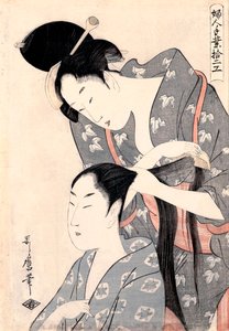 ""La Coiffeuse"" (Fryzjer) (Kamiyui) Gravure de Kitagawa Utamaro (1753-1806) - c 1798 - Kolorowy drzeworyt - 38x27,6 - Art Gallery of South Australia autorstwa Kitagawa Utamaro