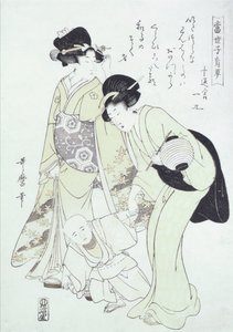 Dama i pielęgniarka uczą dziecko chodzić (drewnodruk) autorstwa Kitagawa Utamaro