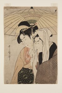 Mężczyzna i kobieta pod parasolem (kolorowy drzeworyt) autorstwa Kitagawa Utamaro