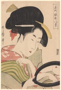 Lustro z serii „Osiem widoków straganów z herbatą w celebrowanych miejscach” („Meisho koshikake hakkei”) autorstwa Kitagawa Utamaro