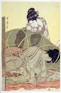 Matka karmiąca dziecko pod moskitierą par. Utamaro, Kitagawa (1753-1806), ok. 1930 r. 1795 - Drzeworyt kolorowy, 37,6x24,6 - Kolekcja prywatna autorstwa Kitagawa Utamaro