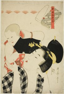 Matka i dziecko, z cyklu „Nowe wzory barwione w pięciu kolorach (Shingata goshiki zome)” autorstwa Kitagawa Utamaro