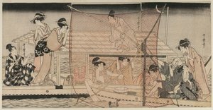 Wędkarstwo sieciowe w nocy na rzece Sumida, ok. 1930 r. 1800. autorstwa Kitagawa Utamaro