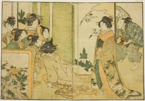 Noworoczny występ manzai w rezydencji feudalnego lorda, z ilustrowanej książki "Picture Book: Kwiaty czterech pór roku (Ehon shiki no hana)", tom 1. autorstwa Kitagawa Utamaro