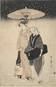 Nocna przepustka w śniegu autorstwa Kitagawa Utamaro