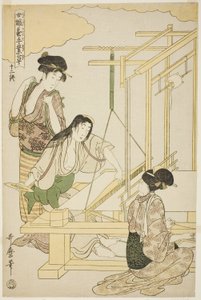 nr 12 (juni), z serii „Kobiety zajmujące się serownictwem (Joshoku kaiko tewaza-gusa)” autorstwa Kitagawa Utamaro