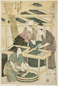 nr 3 (san), z serii „Kobiety zajmujące się serownictwem (Joshoku kaiko tewaza-gusa)” autorstwa Kitagawa Utamaro