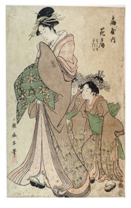 Oiran z dwoma Kamuro, okres Edo, ok. 1790 r. (drzeworyt na papierze) autorstwa Kitagawa Utamaro