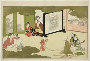 Spektakl Wytresowanej Małpy z ilustrowanej antologii poezji pt. „Młody Bóg Ebisu (Waka Ebisu)” autorstwa Kitagawa Utamaro