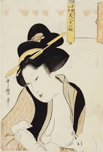 Portret matki karmiącej dziecko piersią z cyklu „Dwanaście typów pięknej kobiety z krajobrazami znanych miejsc” autorstwa Kitagawa Utamaro