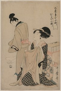 Siedem odcinków Komachi: Kobieta trzymająca zewnętrzną szatę dla mężczyzny, 1754-1806. autorstwa Kitagawa Utamaro
