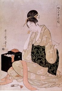 Szycie, seria kobieca praca ręczna: nitka tnąca coutiriere z ząbkami Japońska grafika autorstwa Utamaro Kitagawy (1753-1806). Ciemny. 0,37x0,26m. 18 wiek. Paryż, Muzeum Guimet, Narodowe Muzeum Sztuki Azjatyckiej autorstwa Kitagawa Utamaro