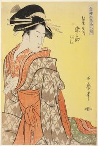 Somenosuke z Matsubaya, [którego opiekunami są] Wakagi, Wakaba (Matsubaya uchi Somenosuke, Wakagi, Wakaba), z serii „Szereg Najwyższych Piękności Współczesności” („Toji zensei bijin-zoroe”) autorstwa Kitagawa Utamaro