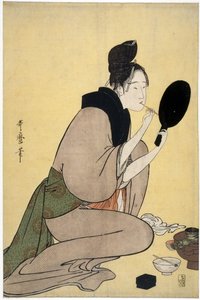 O urodzie: kobieta malująca usta - Bijin-ga. Dziewczyna nakładająca makijaż na usta autorstwa Utamaro, Kitagawa (1753-1806), - Kolorowy drzeworyt, 37,7x25,2 - Kolekcja prywatna autorstwa Kitagawa Utamaro