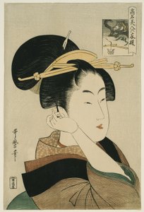 Tatsumi Roko, z serii „Słynne piękności porównywane do sześciu nieśmiertelnych poetów” („Komei bijin rokkasen”) autorstwa Kitagawa Utamaro