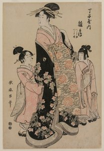 Te-san, panie Hinatsuru, kiedy nadejdzie czas, aby to zrobić, Ah, pomysł Tendana, Tsurujiego, Tsuruno autorstwa Kitagawa Utamaro