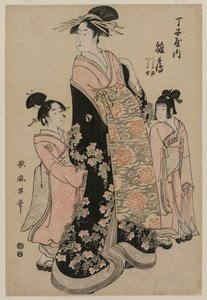 Kurtyzana Hinazuru z Chojiya wraz ze swymi opiekunami Tsuruji i Tsuruno, ok. 1930 r. 1794. autorstwa Kitagawa Utamaro
