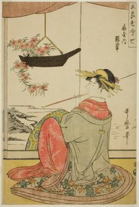 Kurtyzana Hisui z Fan House (Ogiya uchi Hisui), z serii The Five Festivals Flower Competition (Gosechi hana awase) autorstwa Kitagawa Utamaro