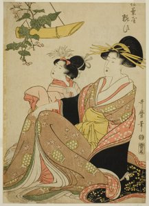 Kurtyzana Yoso-oi z Domu Igieł Sosnowych w Yoshiwara i jej opiekun (Matsubaya Yoso-oi) autorstwa Kitagawa Utamaro