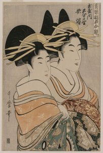 Kurtyzany Kasugano i Utahama z Tamaya z serii Courtesans of the Pleasure Quarters in Double Mirrors autorstwa Kitagawa Utamaro