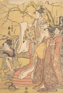 Oiran Hinazuru z Chojiya stojący na stosie futonu, ca. 1794. autorstwa Kitagawa Utamaro