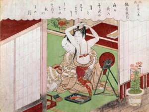 Toaleta z elegancką japońską grafiką autorstwa Utamaro Kitagawy (1753-1806). Słońce. 0,38x0,25m. 1794-1795. Paryż, Muzeum Guimet, Narodowe Muzeum Sztuki Azjatyckiej autorstwa Kitagawa Utamaro