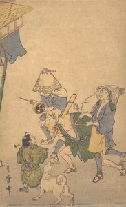 Trzech biesiadników niższych klas w kapeluszach Komuso..., koniec XVIII-początek XIX wieku. autorstwa Kitagawa Utamaro