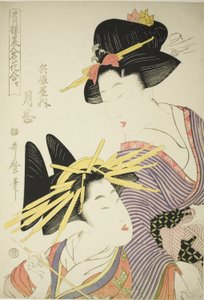 Tsukioka z Hyogoya (Hyogoya uchi tsukioka), z serii "Seiro bijin meika awase", ok. 1801 (kolorowy drzeworyt; oban) autorstwa Kitagawa Utamaro