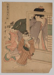 Dwoje dzieci i kobieta bawią się w Blind Mans Bluff, 1753-1806. autorstwa Kitagawa Utamaro